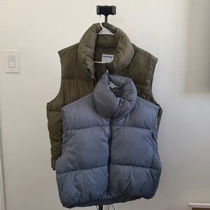 Old Navy Olive Puffer Vest & Grey Blue Puffer Vest